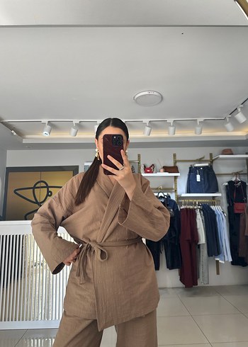 m Beden camel Renk Kadın Keten Ceket Pantolon