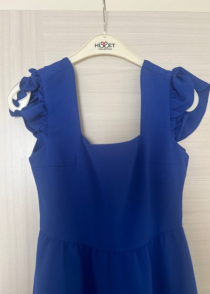 Saks mavi kare yaka midi elbise - Görsel 5