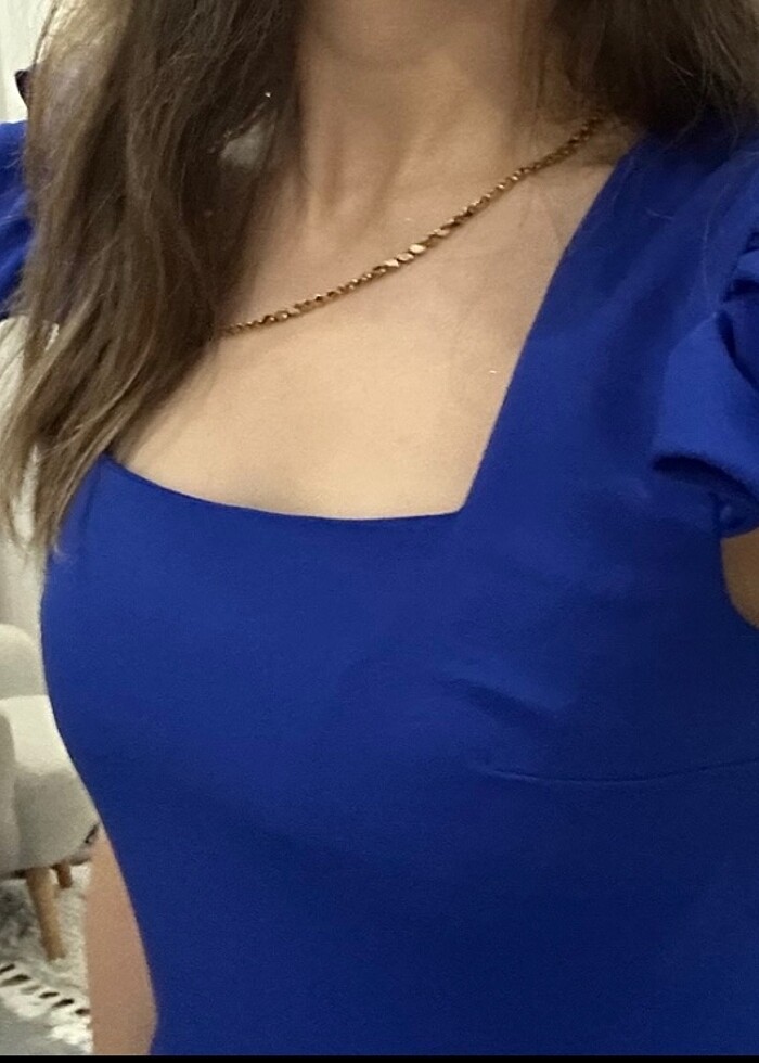 Saks mavi kare yaka midi elbise - Görsel 3