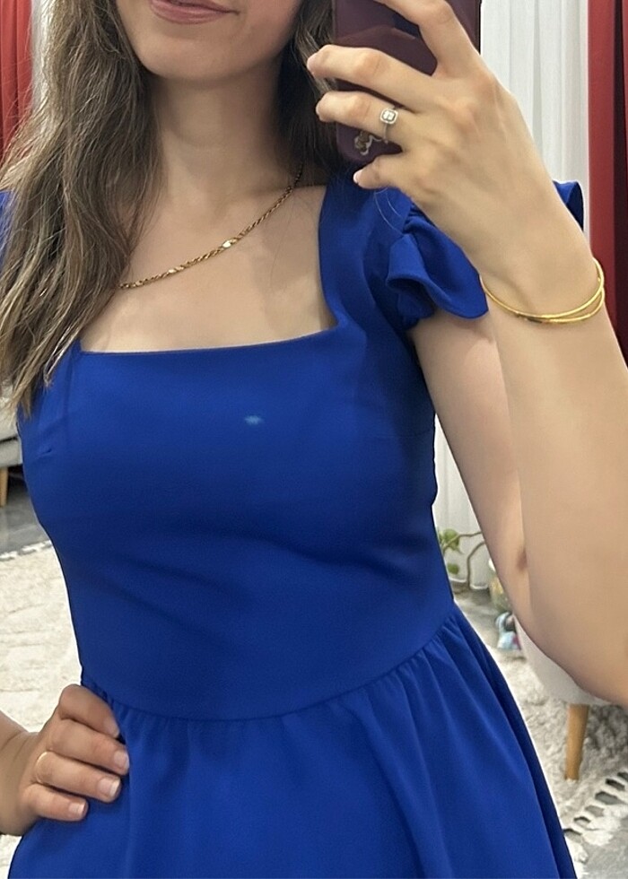 Saks mavi kare yaka midi elbise - Görsel 2