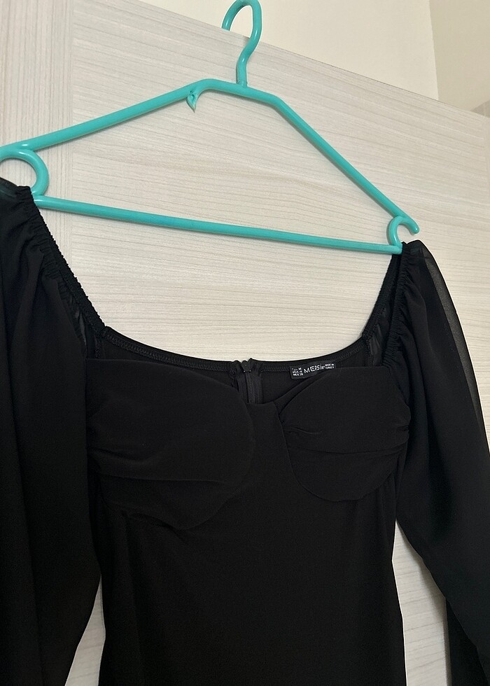 Transparan kol kare kalp yaka siyah mini elbise - Görsel 3