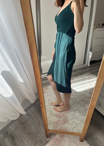 İnce Askılı petrol yeşili Midi Elbise - Görsel 2