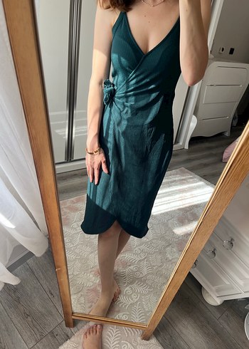 İnce Askılı petrol yeşili Midi Elbise - Görsel 5