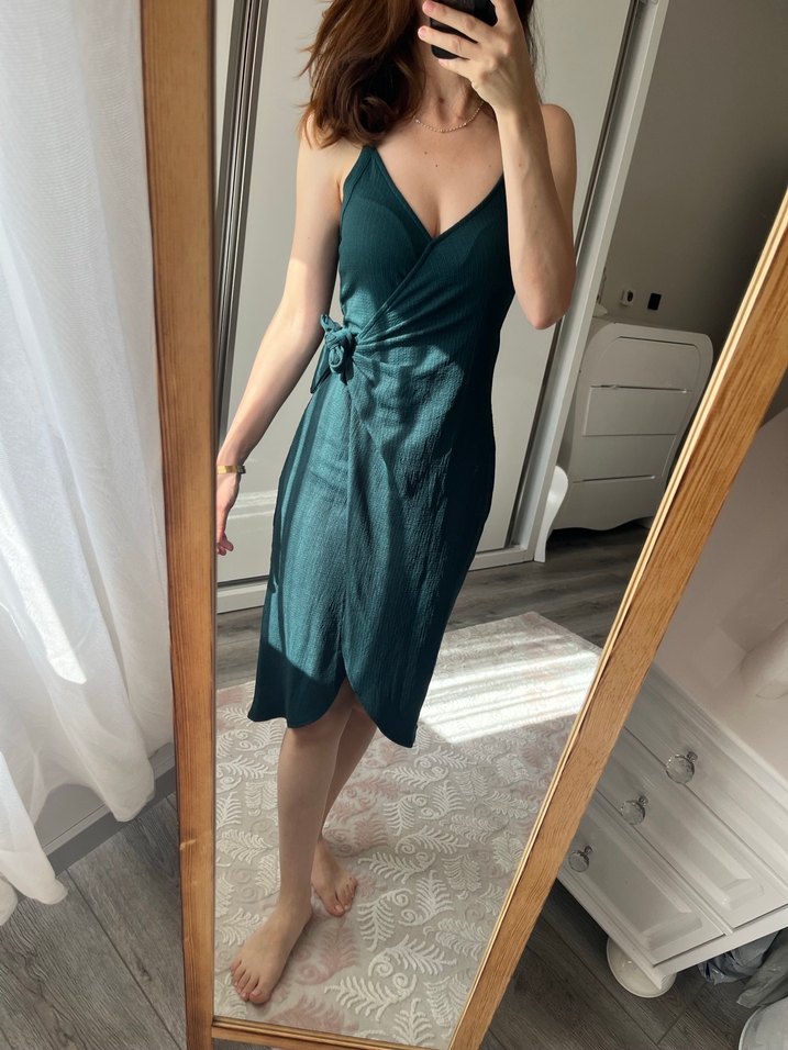 İnce Askılı petrol yeşili Midi Elbise - Görsel 4