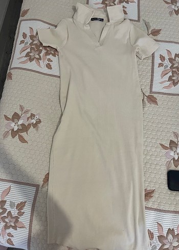 Krem V Yaka Midi triko Elbise - Görsel 7