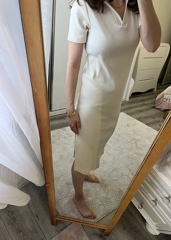 Krem V Yaka Midi triko Elbise - Görsel 5