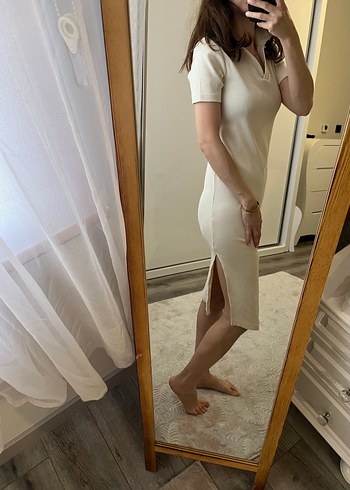 Krem V Yaka Midi triko Elbise - Görsel 4