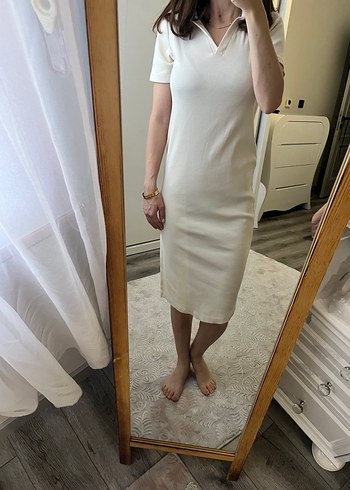 Krem V Yaka Midi triko Elbise - Görsel 6