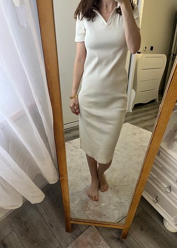 Krem V Yaka Midi triko Elbise - Görsel 2