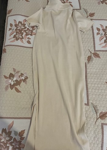 Krem V Yaka Midi triko Elbise - Görsel 9