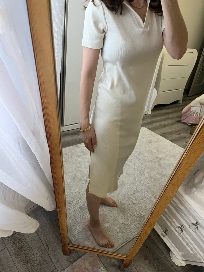 Krem V Yaka Midi triko Elbise - Görsel 5