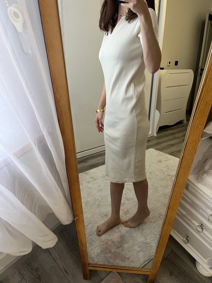 Krem V Yaka Midi triko Elbise - Görsel 3