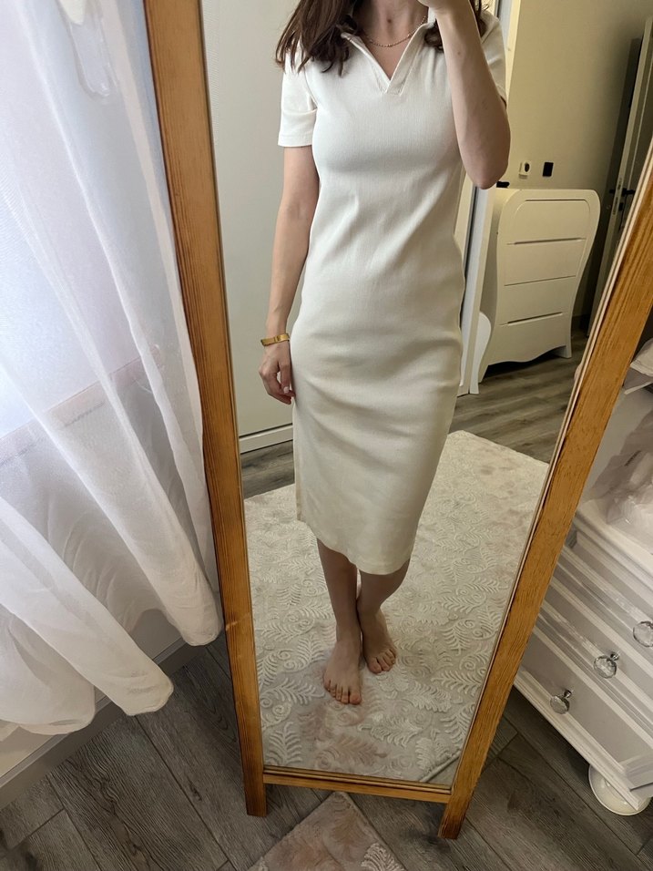 Krem V Yaka Midi triko Elbise - Görsel 2