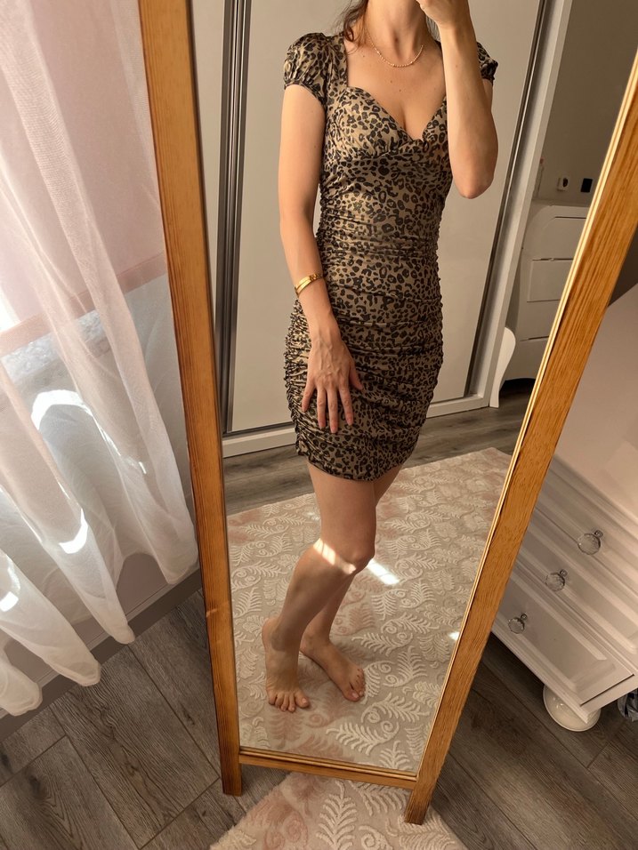 Leopar Desenli V Yaka Midi Elbise - Görsel 4
