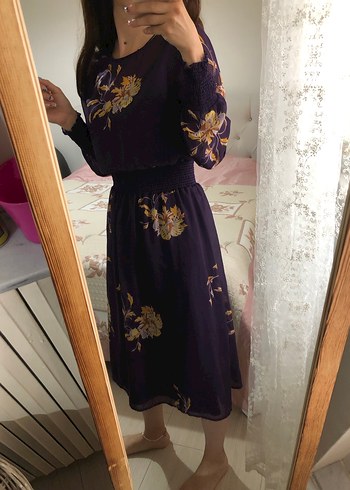 Mor Çiçekli Uzun Kollu Midi  Elbise - Görsel 3