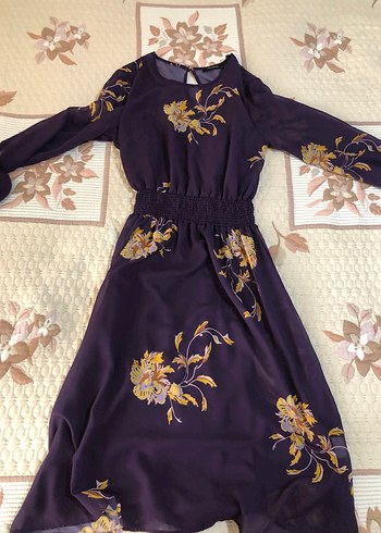 Mor Çiçekli Uzun Kollu Midi  Elbise - Görsel 5