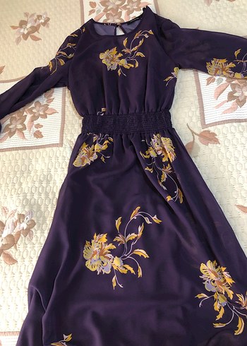 Mor Çiçekli Uzun Kollu Midi  Elbise - Görsel 6