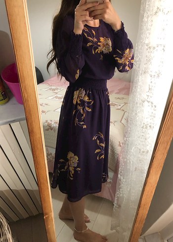 Mor Çiçekli Uzun Kollu Midi  Elbise - Görsel 2