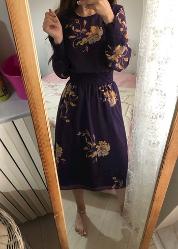 Mor Çiçekli Uzun Kollu Midi  Elbise - Görsel 4