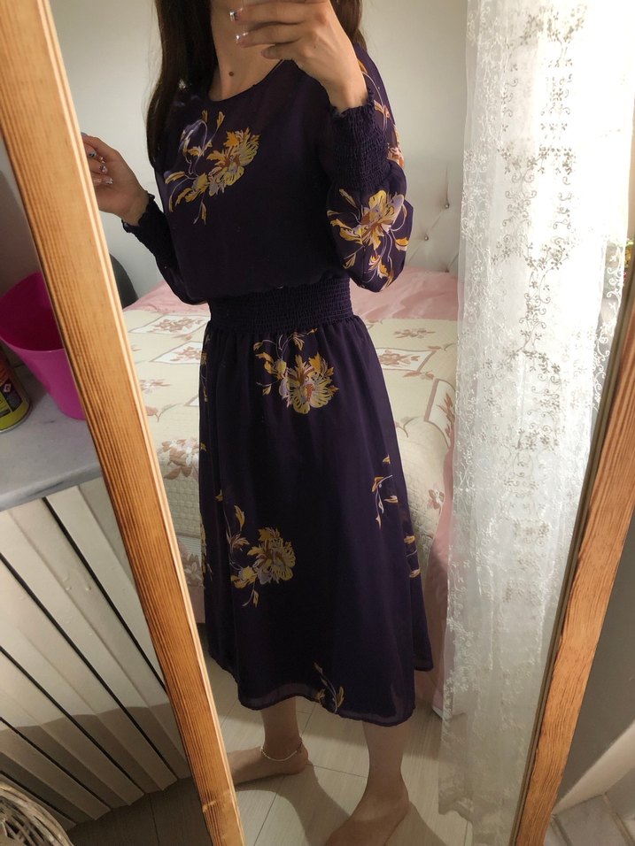 Mor Çiçekli Uzun Kollu Midi  Elbise - Görsel 3