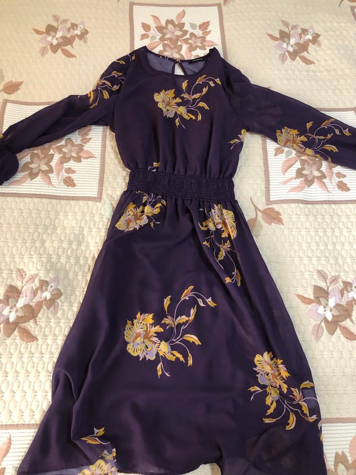 Mor Çiçekli Uzun Kollu Midi  Elbise - Görsel 5