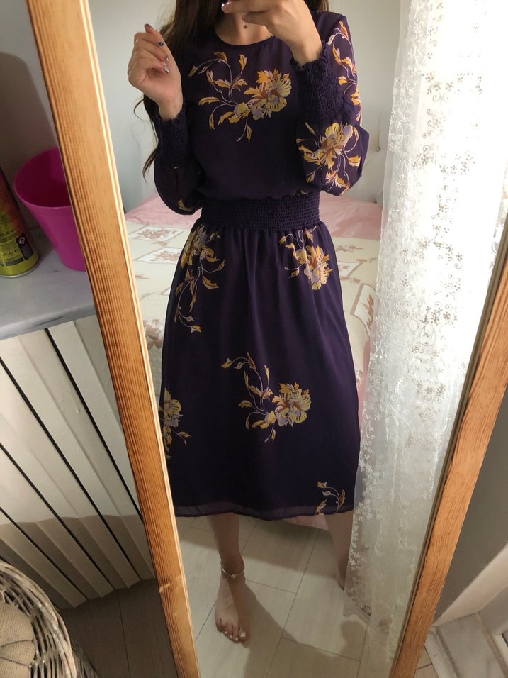 Mor Çiçekli Uzun Kollu Midi  Elbise - Görsel 4