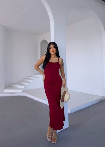 Bordo Saten İnce Askılı Uzun Elbise