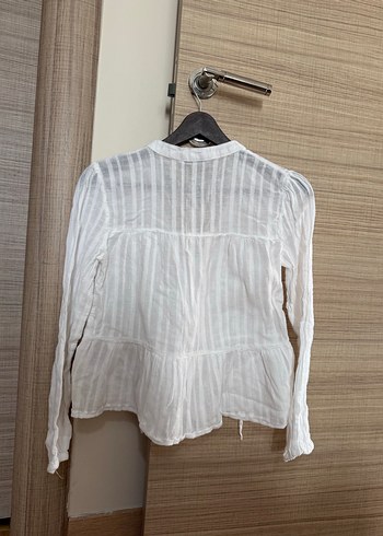 Stradivarius Beyaz Keten V Yaka Düğmeli Kadın Gömlek - Görsel 4