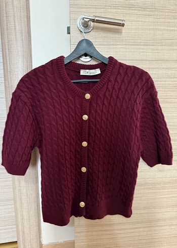 Bordo Kısa Kollu Örgü Kadın Hırka - Görsel 4