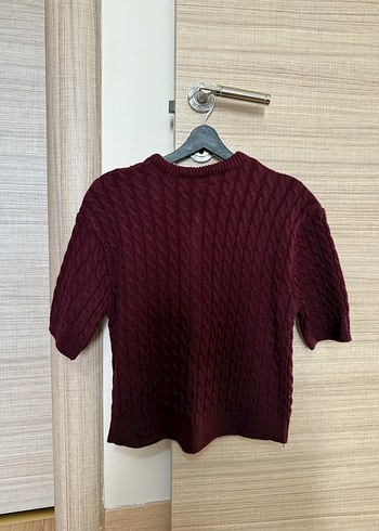 Bordo Kısa Kollu Örgü Kadın Hırka - Görsel 5