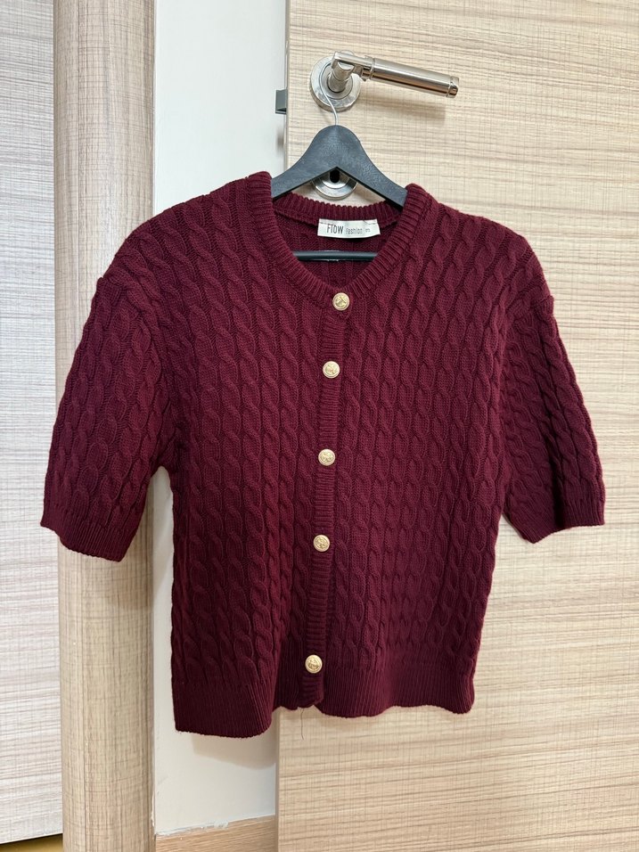 Bordo Kısa Kollu Örgü Kadın Hırka - Görsel 2