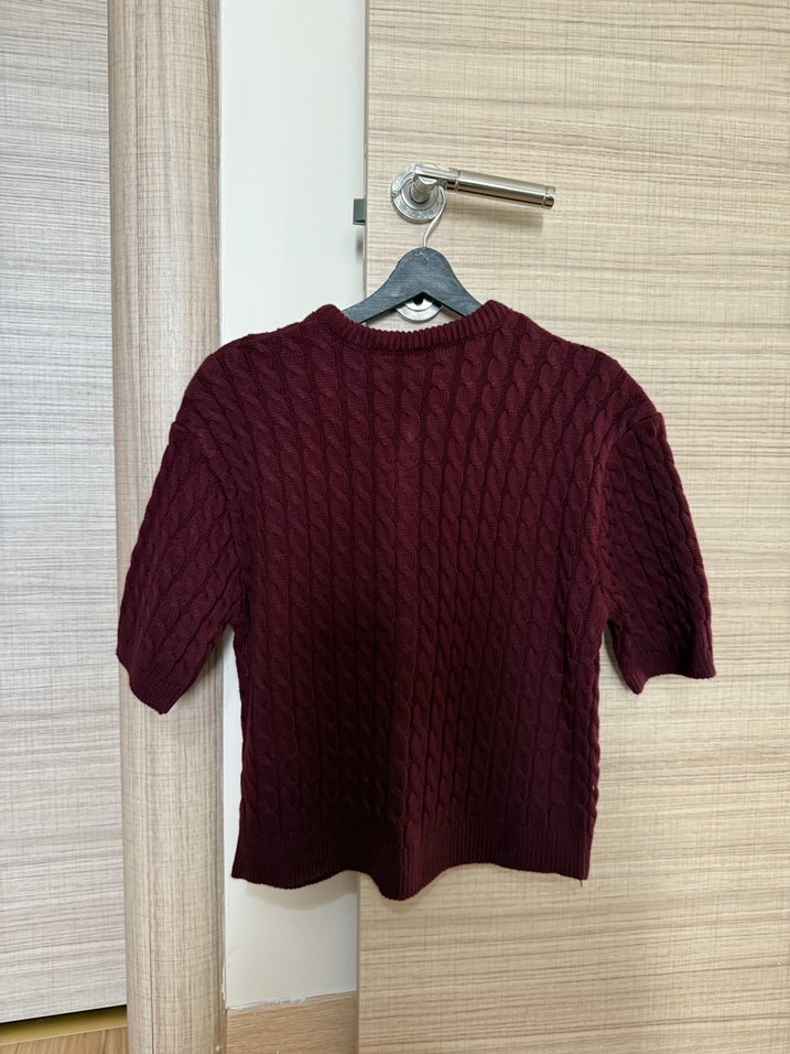 Bordo Kısa Kollu Örgü Kadın Hırka - Görsel 5