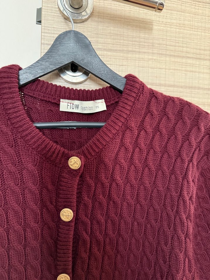 Bordo Kısa Kollu Örgü Kadın Hırka - Görsel 3