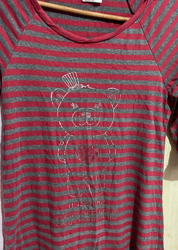 Bordo Gri Çizgili  Midi Gecelik  Elbise - Görsel 2