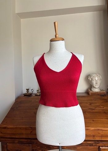 Kırmızı V Yaka Kadın Triko Crop Top
