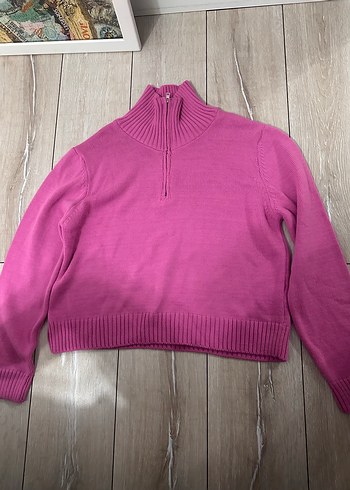 Pembe Yarım Fermuarlı Triko Kadın Kazak - Görsel 2