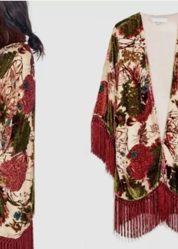 m Beden Zara Püsküllü Bordo Bohem Uzun Kimono