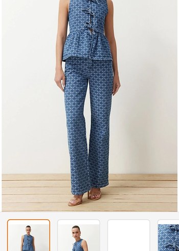 xs Beden lacivert Renk Bağlamalı Desenli Denim Bluz