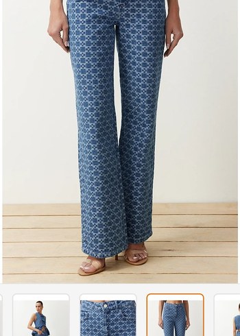 36 Beden mavi Renk Kadın Mavi Desenli Yüksek Bel Wide Leg Denim Pantolon