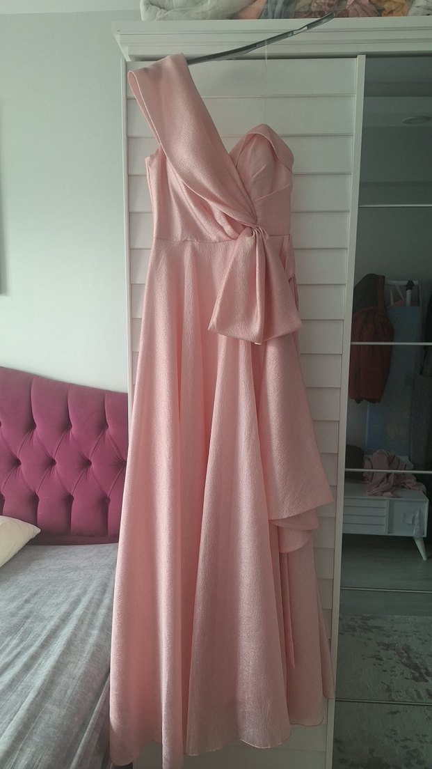 Pudra Pembe Drapeli Uzun Abiye Elbise - Görsel 2