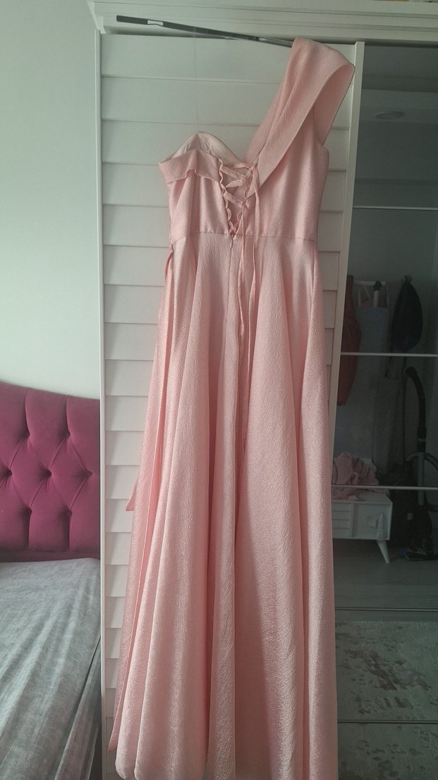 Pudra Pembe Drapeli Uzun Abiye Elbise - Görsel 3