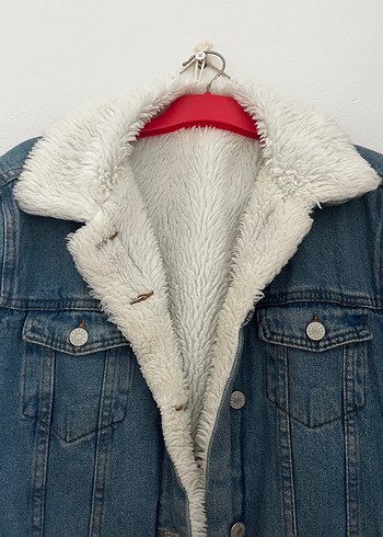 m Beden Kadın Gri Kürklü Uzun Kollu Denim Ceket