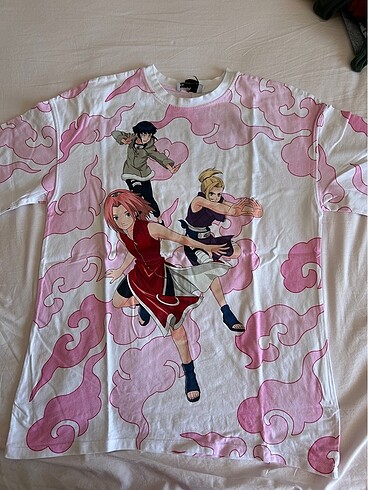 Bershka Oversize Tişört Pembe Naruto Baskılı