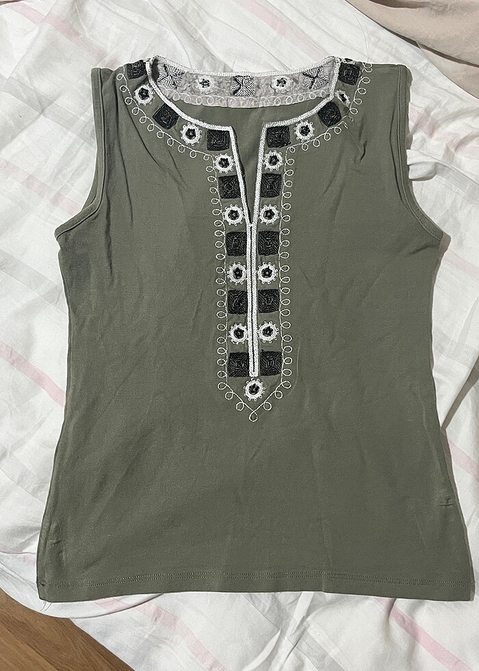 y2k 2000s Haki etnik İşlemeli Bluz - Görsel 2