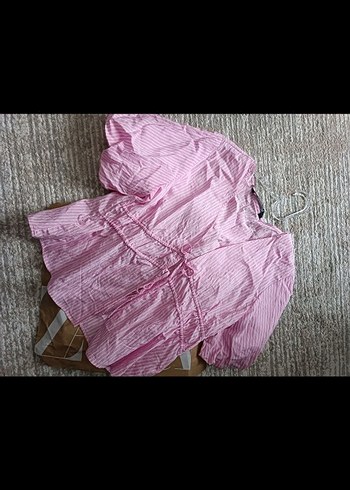 Pembe Mini Keten Gömlek Fırfırlı