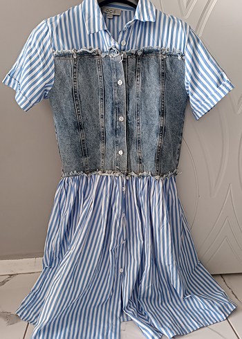 s Beden mavi Renk Mavi Çizgili Kısa Elbise ve Denim Yelek