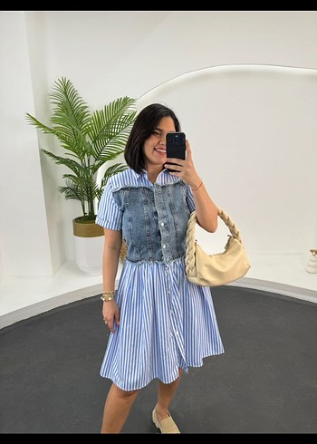 s Beden Mavi Çizgili Kısa Elbise ve Denim Yelek