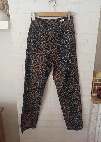Diğer Deri Leopar Desenli Bol Kesim Kadın Pantolon