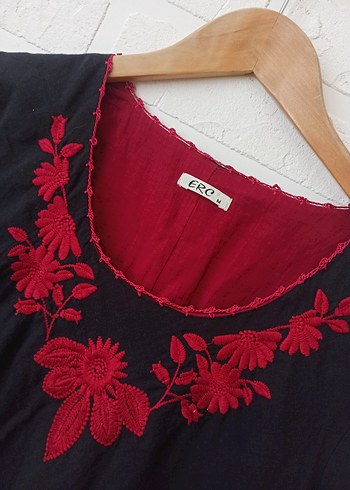 Etnik Esintiler Kırmızı Nakışlı Bohem Midi Elbise