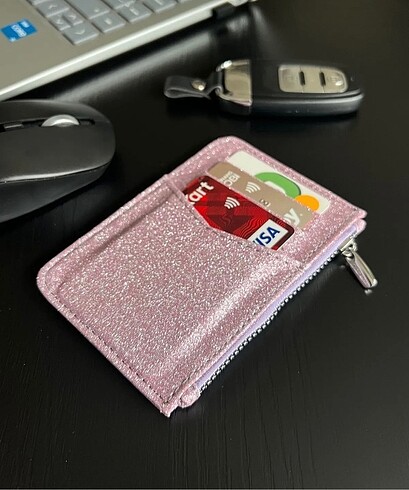 pembe simli fermuarlı cüzdan kartlık